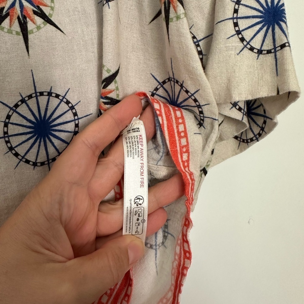 By Anthropologie Short-Sleeve Linen Buttondown Shirt Star Geometric Print Sz XS - Picture 9 of 10